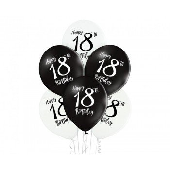 Black White Happy Birthday 18 léggömb, lufi 6 db-os 12 inch (30cm) Black White Happy Birthday 18 léggömb, lufi 6 db-os 12 inch (30cm)