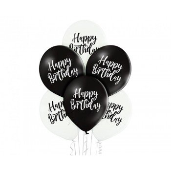 Black White Happy Birthday léggömb, lufi 6 db-os 12 inch (30cm) Black White Happy Birthday léggömb, lufi 6 db-os 12 inch (30cm)