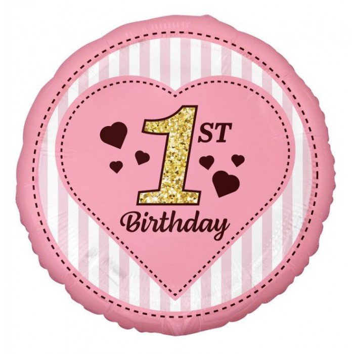 1st Birthday Pink, Első születésnap fólia lufi 36 cm