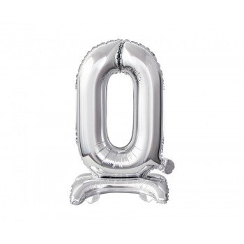 Silver, Ezüst mini 0-ás szám fólia lufi talppal 38 cm Silver, Ezüst mini 0-ás szám fólia lufi talppal 38 cm
