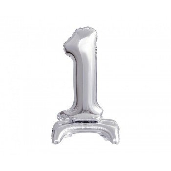 Silver, Ezüst mini 1-es szám fólia lufi talppal 38 cm Silver, Ezüst mini 1-es szám fólia lufi talppal 38 cm