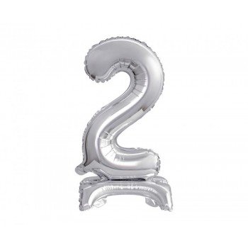 Silver, Ezüst mini 2-es szám fólia lufi talppal 38 cm Silver, Ezüst mini 2-es szám fólia lufi talppal 38 cm