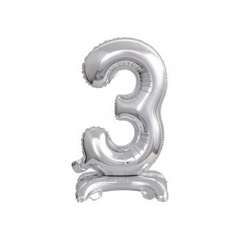 Silver, Ezüst mini 3-as szám fólia lufi talppal 38 cm Silver, Ezüst mini 3-as szám fólia lufi talppal 38 cm