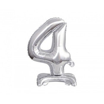 Silver, Ezüst mini 4-es szám fólia lufi talppal 38 cm Silver, Ezüst mini 4-es szám fólia lufi talppal 38 cm
