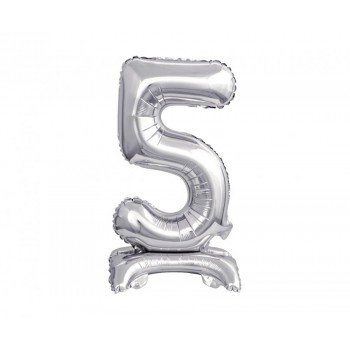 Silver, Ezüst mini 5-ös szám fólia lufi talppal 38 cm Silver, Ezüst mini 5-ös szám fólia lufi talppal 38 cm