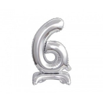 Silver, Ezüst mini 6-os szám fólia lufi talppal 38 cm Silver, Ezüst mini 6-os szám fólia lufi talppal 38 cm