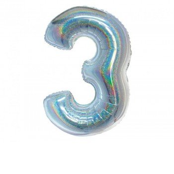 Holographic Silver, Ezüst 3-as szám fólia lufi 76 cm Holographic Silver, Ezüst 3-as szám fólia lufi 76 cm