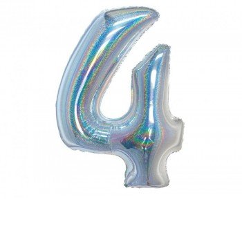 Holographic Silver, Ezüst 4-es szám fólia lufi 76 cm Holographic Silver, Ezüst 4-es szám fólia lufi 76 cm