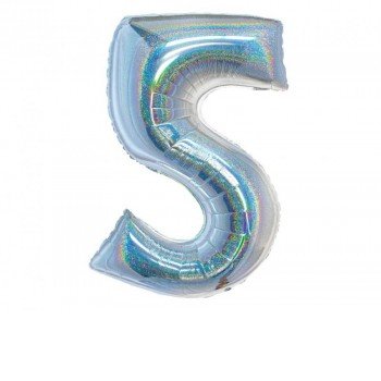 Holographic Silver, Ezüst 5-ös szám fólia lufi 76 cm Holographic Silver, Ezüst 5-ös szám fólia lufi 76 cm