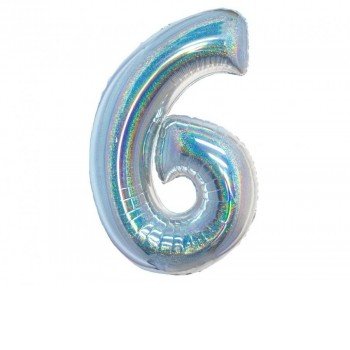 Holographic Silver, Ezüst 6-os szám fólia lufi 76 cm Holographic Silver, Ezüst 6-os szám fólia lufi 76 cm