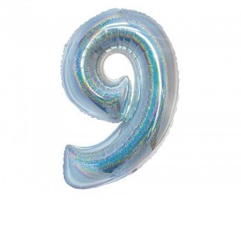 Holographic Silver, Ezüst 9-es szám fólia lufi 76 cm Holographic Silver, Ezüst 9-es szám fólia lufi 76 cm