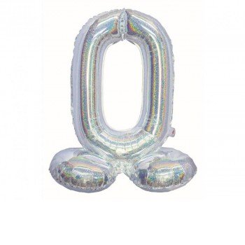 Holographic Silver, Ezüst 0-ás szám fólia lufi talppal 72 cm Holographic Silver, Ezüst 0-ás szám fólia lufi talppal 72 cm