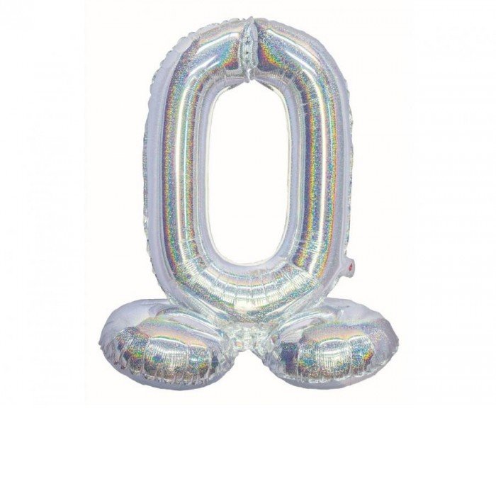 Holographic Silver, Ezüst 0-ás szám fólia lufi talppal 72 cm Holographic Silver, Ezüst 0-ás szám fólia lufi talppal 72 cm