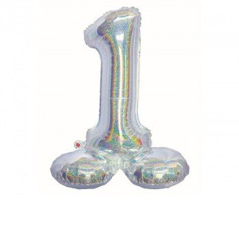 Holographic Silver, Ezüst 1-es szám fólia lufi talppal 72 cm Holographic Silver, Ezüst 1-es szám fólia lufi talppal 72 cm
