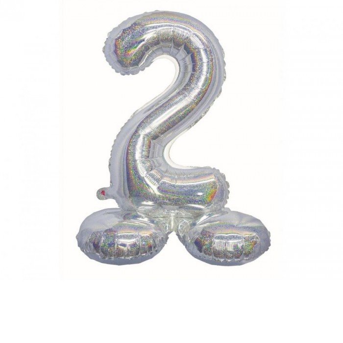 Holographic Silver, Ezüst 2-es szám fólia lufi talppal 72 cm Holographic Silver, Ezüst 2-es szám fólia lufi talppal 72 cm