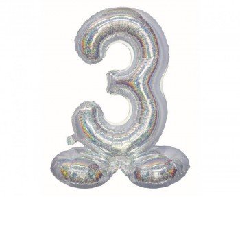 Holographic Silver, Ezüst 3-as szám fólia lufi talppal 72 cm Holographic Silver, Ezüst 3-as szám fólia lufi talppal 72 cm