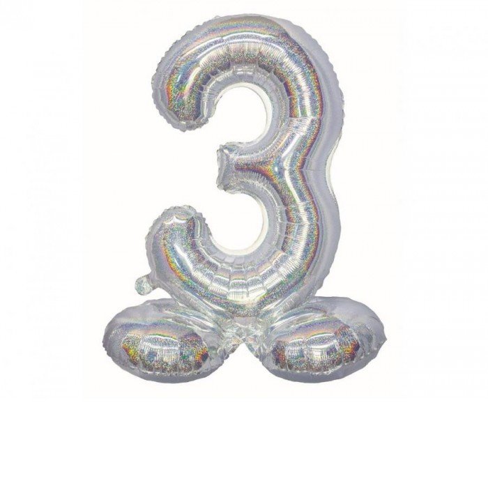 Holographic Silver, Ezüst 3-as szám fólia lufi talppal 72 cm Holographic Silver, Ezüst 3-as szám fólia lufi talppal 72 cm