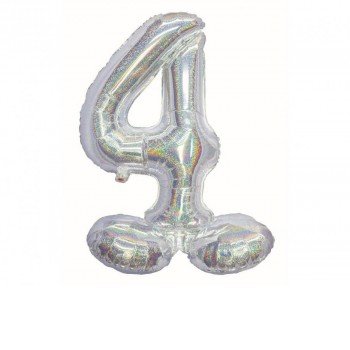 Holographic Silver, Ezüst 4-es szám fólia lufi talppal 72 cm Holographic Silver, Ezüst 4-es szám fólia lufi talppal 72 cm
