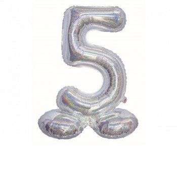 Holographic Silver, Ezüst 5-ös szám fólia lufi talppal 72 cm Holographic Silver, Ezüst 5-ös szám fólia lufi talppal 72 cm
