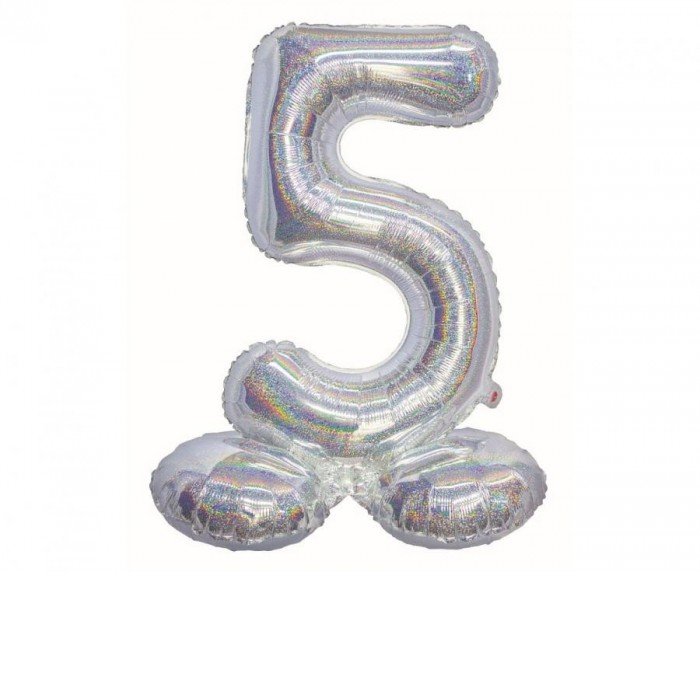 Holographic Silver, Ezüst 5-ös szám fólia lufi talppal 72 cm Holographic Silver, Ezüst 5-ös szám fólia lufi talppal 72 cm