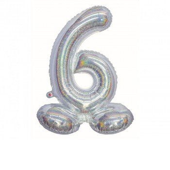 Holographic Silver, Ezüst 6-os szám fólia lufi talppal 72 cm Holographic Silver, Ezüst 6-os szám fólia lufi talppal 72 cm