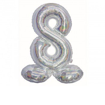 Holographic Silver, Ezüst 8-as szám fólia lufi talppal 72 cm Holographic Silver, Ezüst 8-as szám fólia lufi talppal 72 cm