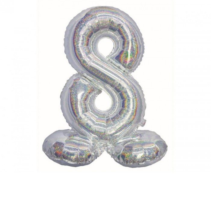 Holographic Silver, Ezüst 8-as szám fólia lufi talppal 72 cm Holographic Silver, Ezüst 8-as szám fólia lufi talppal 72 cm