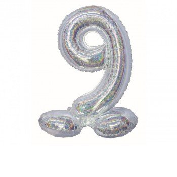 Holographic Silver, Ezüst 9-es szám fólia lufi talppal 72 cm Holographic Silver, Ezüst 9-es szám fólia lufi talppal 72 cm