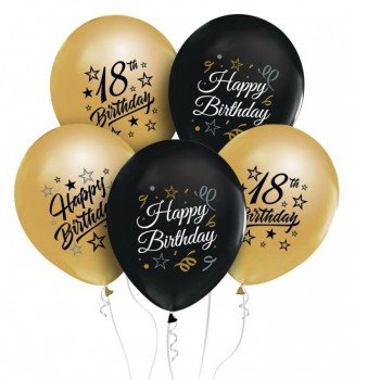 Gold-Black, Arany-Fekete Happy Birthday 18 léggömb, lufi 5 db-os Gold-Black, Arany-Fekete Happy Birthday 18 léggömb, lufi 5 db-os