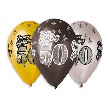 Happy Birthday 50 Metallic léggömb, lufi 6 db-os 12 inch (30 cm) Happy Birthday 50 Metallic léggömb, lufi 6 db-os 12 inch (30 cm)