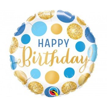 Happy Birthday Blue Gold Dots fólia lufi 46 cm Happy Birthday Blue Gold Dots fólia lufi 46 cm