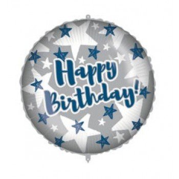 Happy Birthday Blue Silver Stars fólia lufi 46 cm Happy Birthday Blue Silver Stars fólia lufi 46 cm