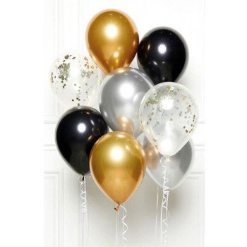 Happy Birthday black, gold, silver léggömb, lufi 8 db-os szett Happy Birthday black, gold, silver léggömb, lufi 8 db-os szett
