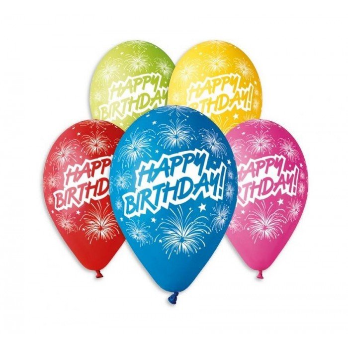 Happy Birthday Fireworks léggömb, lufi 5 db-os 12 inch (30 cm) Happy Birthday Fireworks léggömb, lufi 5 db-os 12 inch (30 cm)