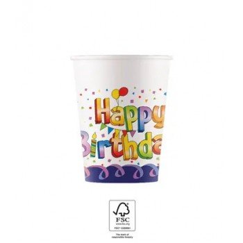 Multicolor Happy Birthday papír pohár 8 db-os 200 ml FSC