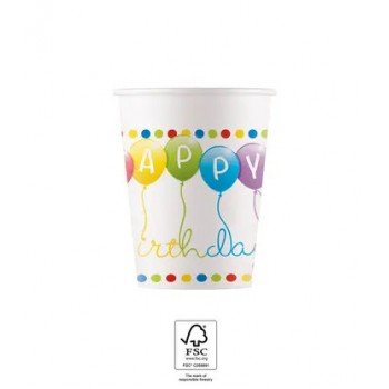 Happy Birthday Streamers papír pohár 8 db-os 200 ml FSC Happy Birthday Streamers papír pohár 8 db-os 200 ml FSC
