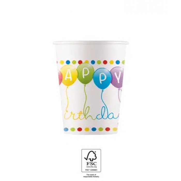 Happy Birthday Streamers papír pohár 8 db-os 200 ml FSC