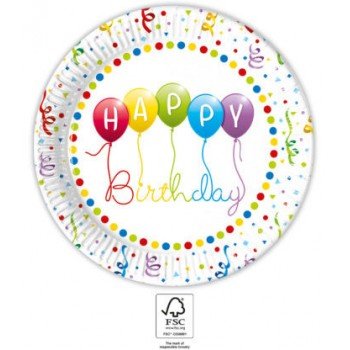 Happy Birthday Streamers papírtányér 8 db-os 23 cm FSC Happy Birthday Streamers papírtányér 8 db-os 23 cm FSC
