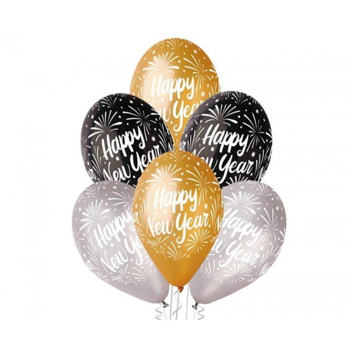 Happy New Year Gold Silver Black léggömb, lufi 6 db-os 12 inch (30 cm)