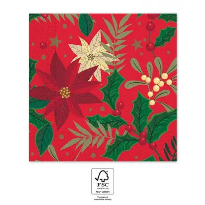 Holly Poinsettia, Karácsony szalvéta 20 db-os, 33x33 cm FSC