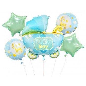 Baby Carriage Blue, Kék babakocsi fólia lufi 5 db-os szett Baby Carriage Blue, Kék babakocsi fólia lufi 5 db-os szett