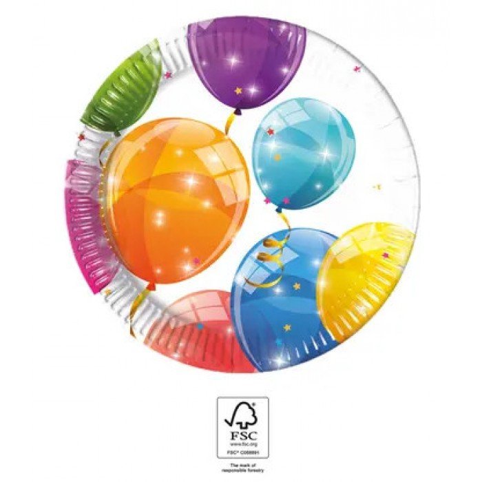 Sparkling Balloons, Lufis papírtányér 8 db-os 20 cm FSC