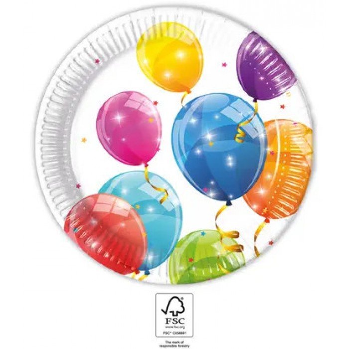 Sparkling Balloons, Lufis papírtányér 8 db-os 23 cm FSC