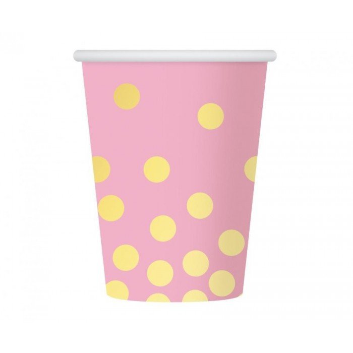 Gold Dots Pink, Pöttyös papír pohár 6 db-os 270 ml