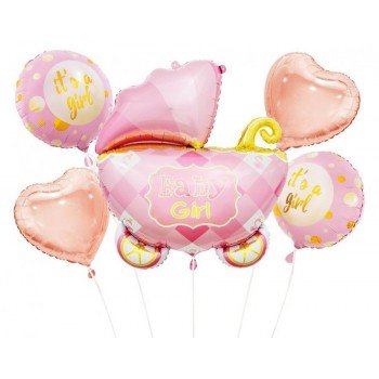 Baby Carriage Pink, Rózsaszín babakocsi fólia lufi 5 db-os szett Baby Carriage Pink, Rózsaszín babakocsi fólia lufi 5 db-os szett