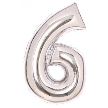 Silver, Ezüst 6-os szám fólia lufi 66 cm Silver, Ezüst 6-os szám fólia lufi 66 cm