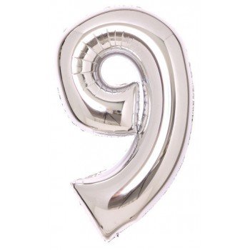 Silver, Ezüst 9-es szám fólia lufi 66 cm Silver, Ezüst 9-es szám fólia lufi 66 cm