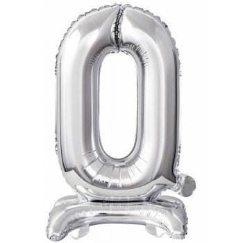 Silver, Ezüst mini 0-ás szám fólia lufi talppal 38 cm Silver, Ezüst mini 0-ás szám fólia lufi talppal 38 cm