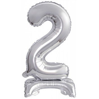 Silver, Ezüst mini 2-es szám fólia lufi talppal 38 cm Silver, Ezüst mini 2-es szám fólia lufi talppal 38 cm