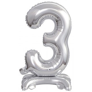 Silver, Ezüst mini 3-as szám fólia lufi talppal 38 cm Silver, Ezüst mini 3-as szám fólia lufi talppal 38 cm